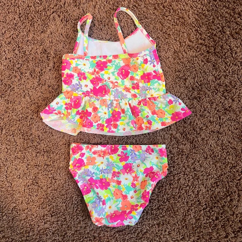 The Childrens Place Girls 3T Floral Tankini‎ Two Piece Swimsuit Pink Orange Teal